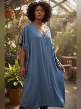 Van Heusen & Co Blue Oversized Caftan Dress V Neck Dolman Sleeve Boho